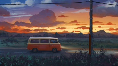 Aesthetic Sunset Van Road Trip Wallpaper HD 4K for Desktop