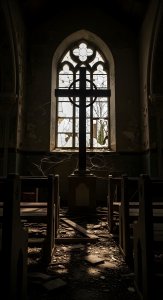 Dark Aesthetic Abandoned Church Cross Wallpaper 4K - Haunting Ruins