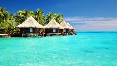 Tropical Paradise Overwater Bungalows Wallpaper HD 4K Aesthetic