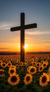 Spiritual Cross in Sunflower Field Sunset Wallpaper HD 4K Aesthetic