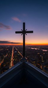 Cross Over Cityscape Sunset Wallpaper HD 4K, Aesthetic Spiritual Background