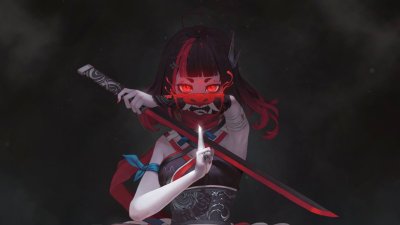 Cool Anime Samurai Girl with Red Oni Mask Wallpaper HD 4K Aesthetic