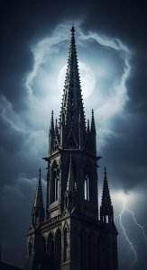 Gothic Cathedral Spire Moonlight & Lightning Wallpaper HD 4K Aesthetic