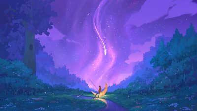 Dreamy Night Fishing Aesthetic Wallpaper HD 4K - Magical Crescent Moon Art