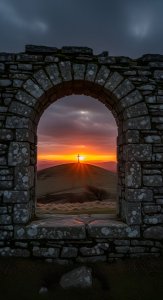Sunset Cross Through Stone Arch HD 4K Aesthetic Wallpaper
