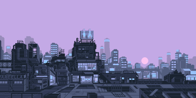 Aesthetic Pixel Art Cyberpunk Cityscape Wallpaper HD 4K Purple Sunset
