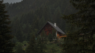 Misty Forest Cabin Wallpaper HD 4K - Aesthetic Moody Nature Background