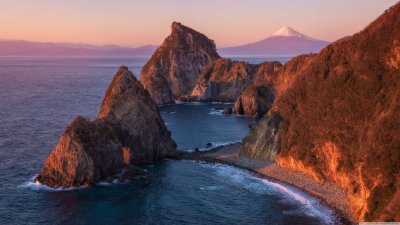 Mount Fuji Sunset Coastal Wallpaper 4K - Aesthetic Nature HD