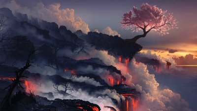 Aesthetic Cherry Blossom Tree Over Lava Falls 4K Wallpaper HD