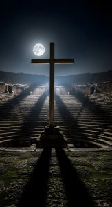 Aesthetic Cross in Ancient Amphitheater Moonlight 4K Wallpaper