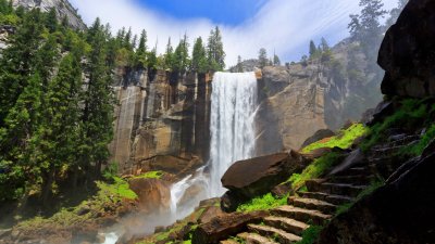 Majestic Waterfall in Yosemite Nature Wallpaper HD 4K Aesthetic Landscape