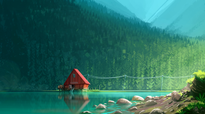Cozy Red Cabin in Pine Forest Lake Aesthetic Wallpaper HD 4K