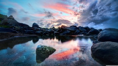 Dramatic Sunset Reflection over Rocky Beach Wallpaper HD 4K Aesthetic