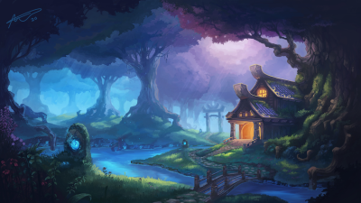 Enchanting Fantasy Forest House Wallpaper HD 4K Aesthetic Digital Art