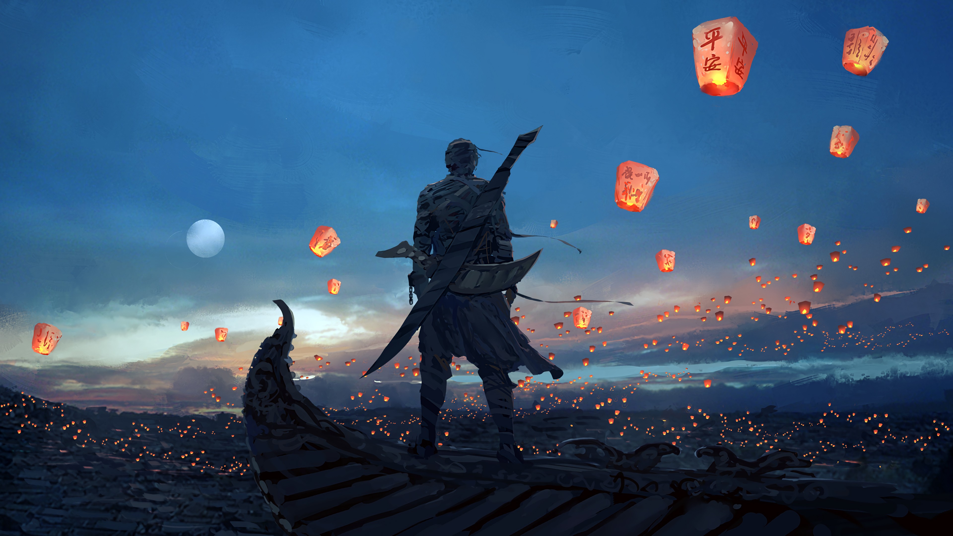 Aesthetic Samurai Warrior Wallpaper HD 4K - Lantern Festival Night