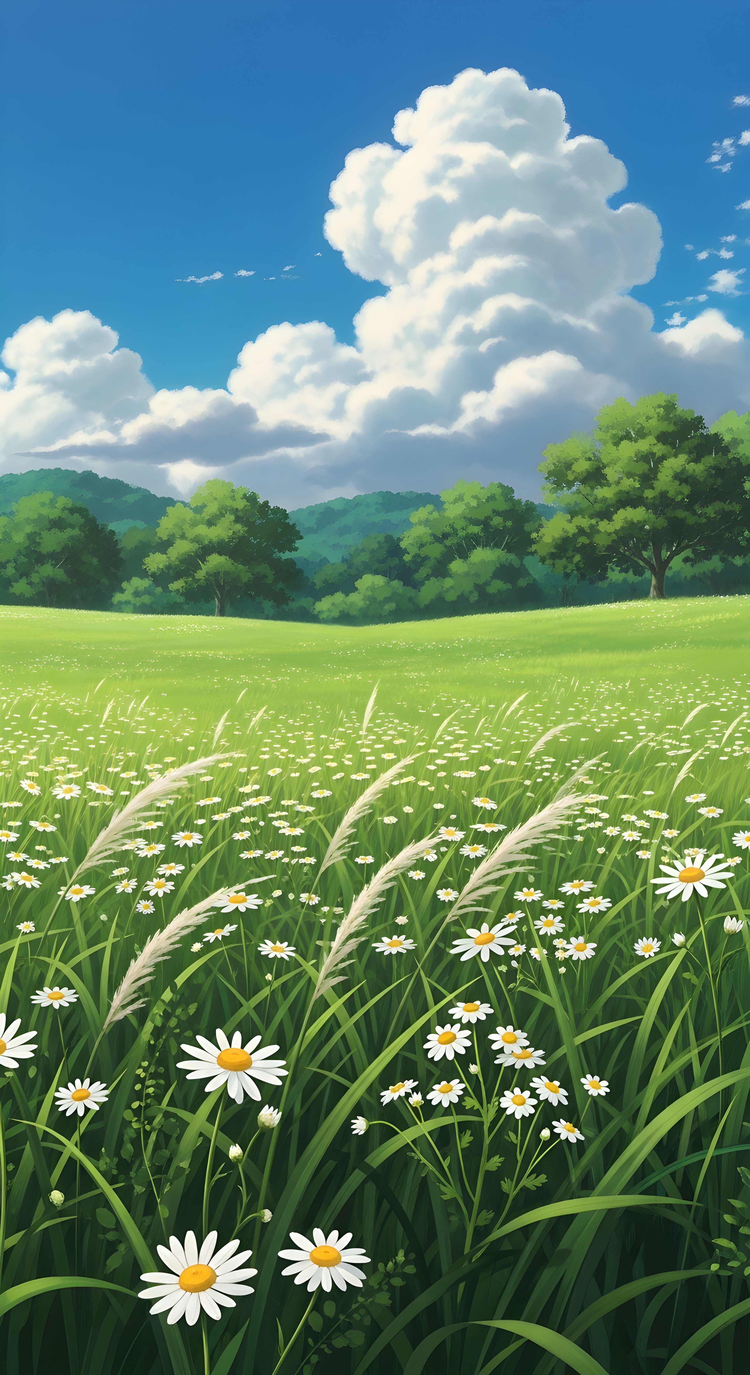 Aesthetic Anime Nature Landscape Daisy Field Wallpaper HD 4K