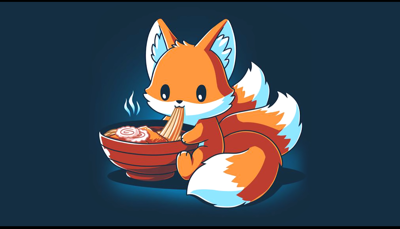 Cute Kitsune Fox Eating Ramen Bowl Aesthetic Wallpaper HD 4K Art