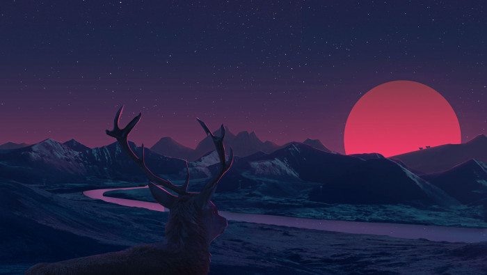 Aesthetic Deer Mountain Landscape Wallpaper HD 4K - Synthwave Sunset