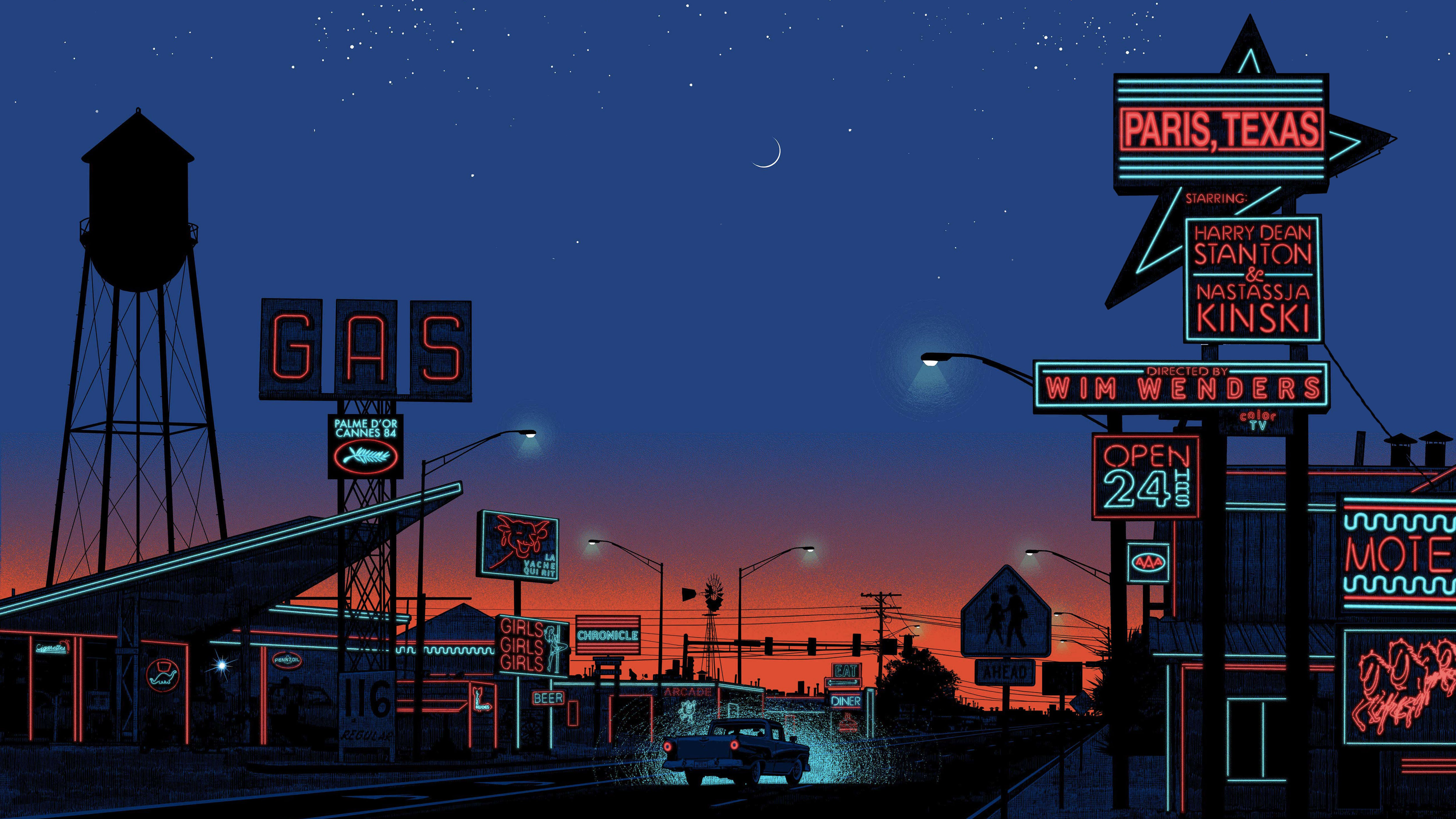 Paris, Texas Movie Aesthetic Neon Wallpaper HD 4K Cinematic Art