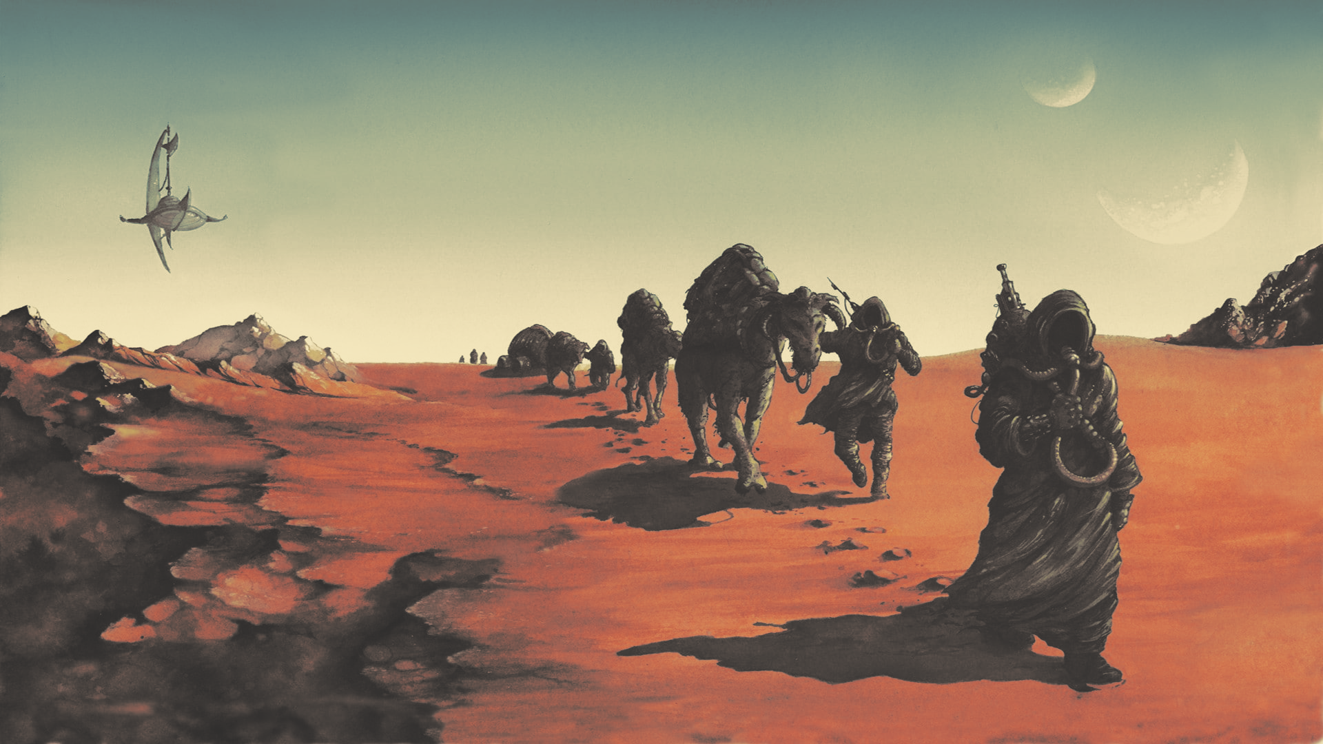 Aesthetic Sci-Fi Desert Nomad Caravan Wallpaper HD 4K - Alien World Art