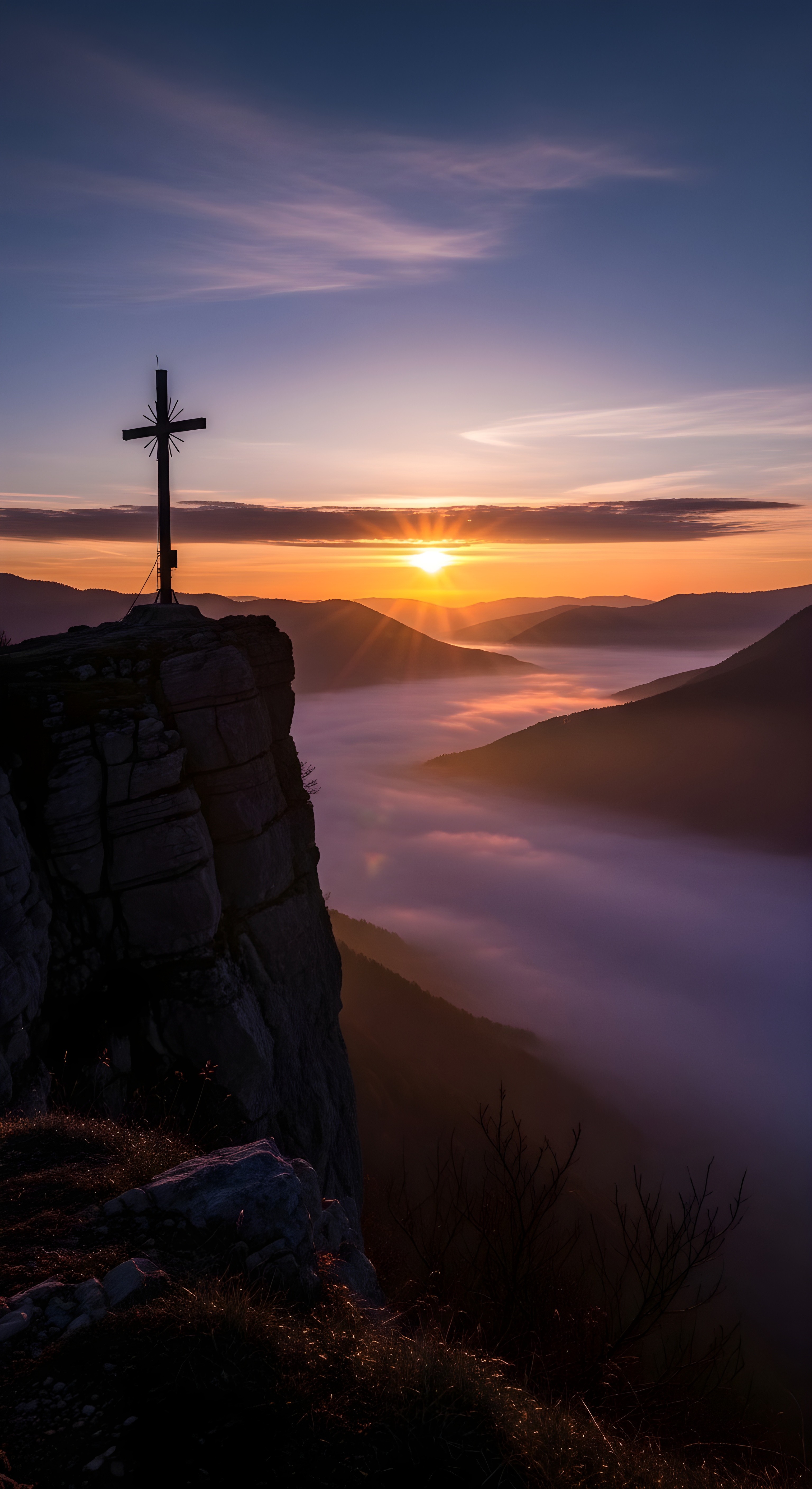 Stunning Sunrise Mountain Peak with Cross Wallpaper HD 4K Aesthetic