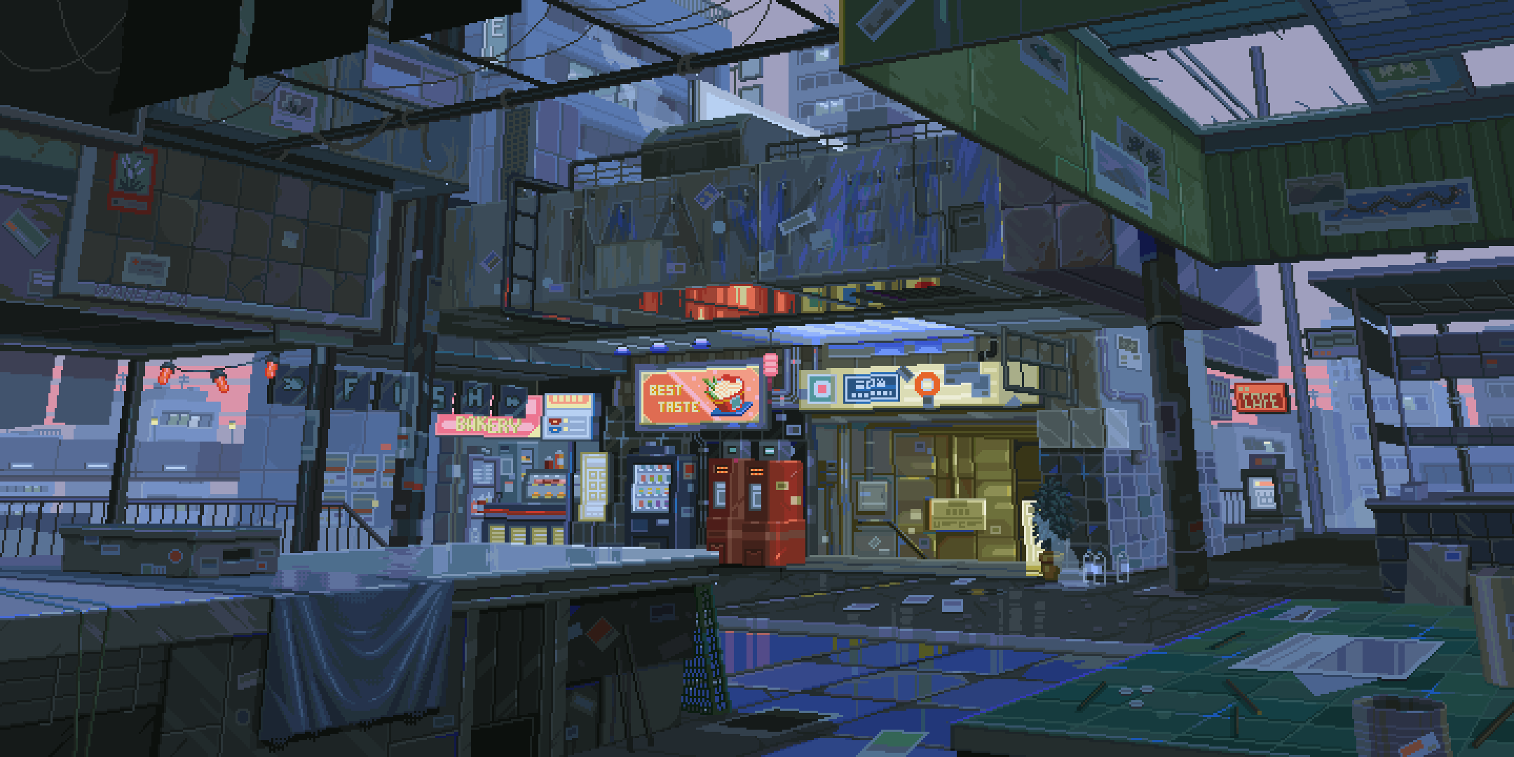 Cyberpunk Pixel Art City Market Aesthetic Wallpaper HD 4K