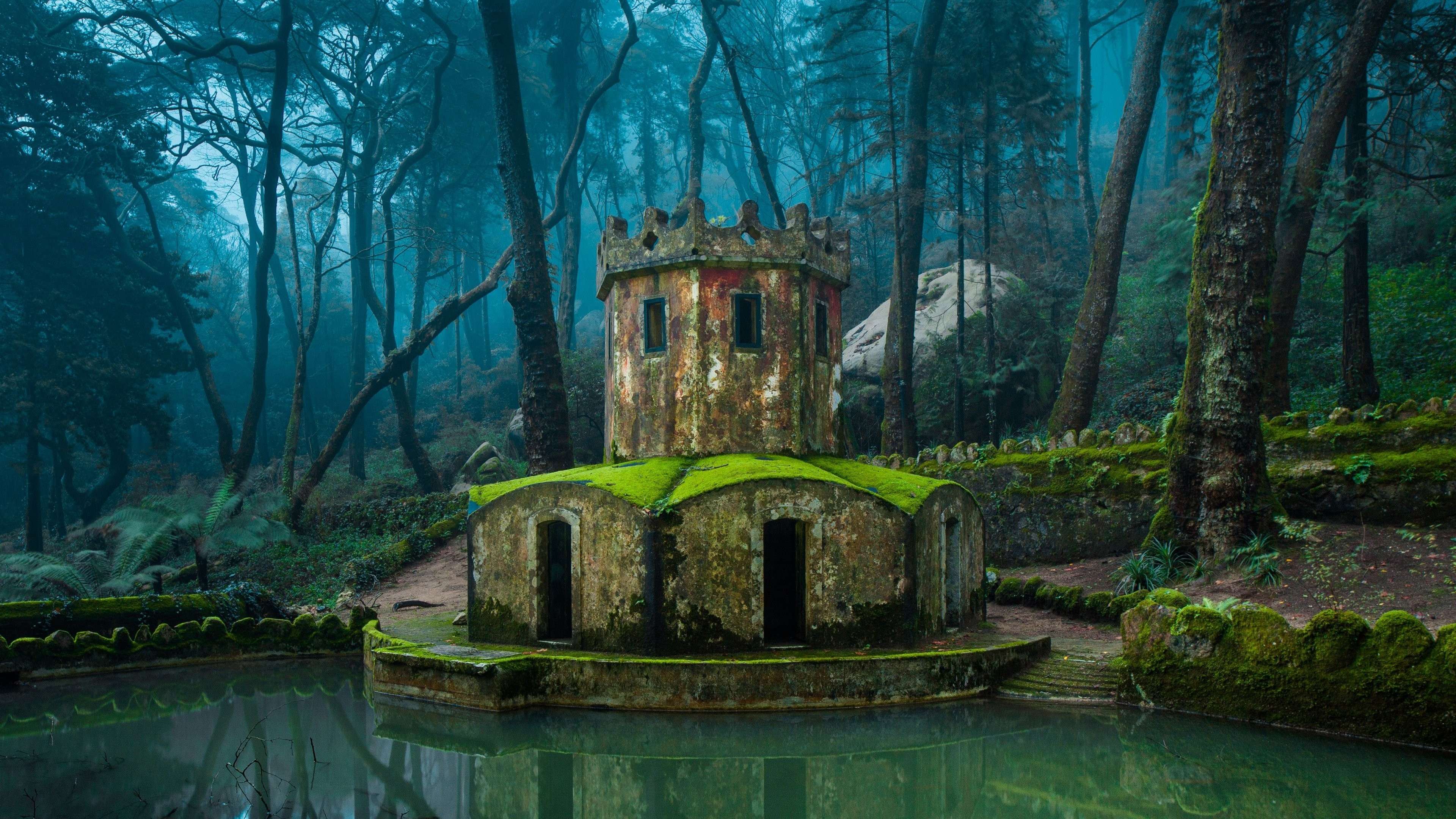 Mystical Forest Castle Wallpaper HD 4K - Aesthetic Misty Tower Scene