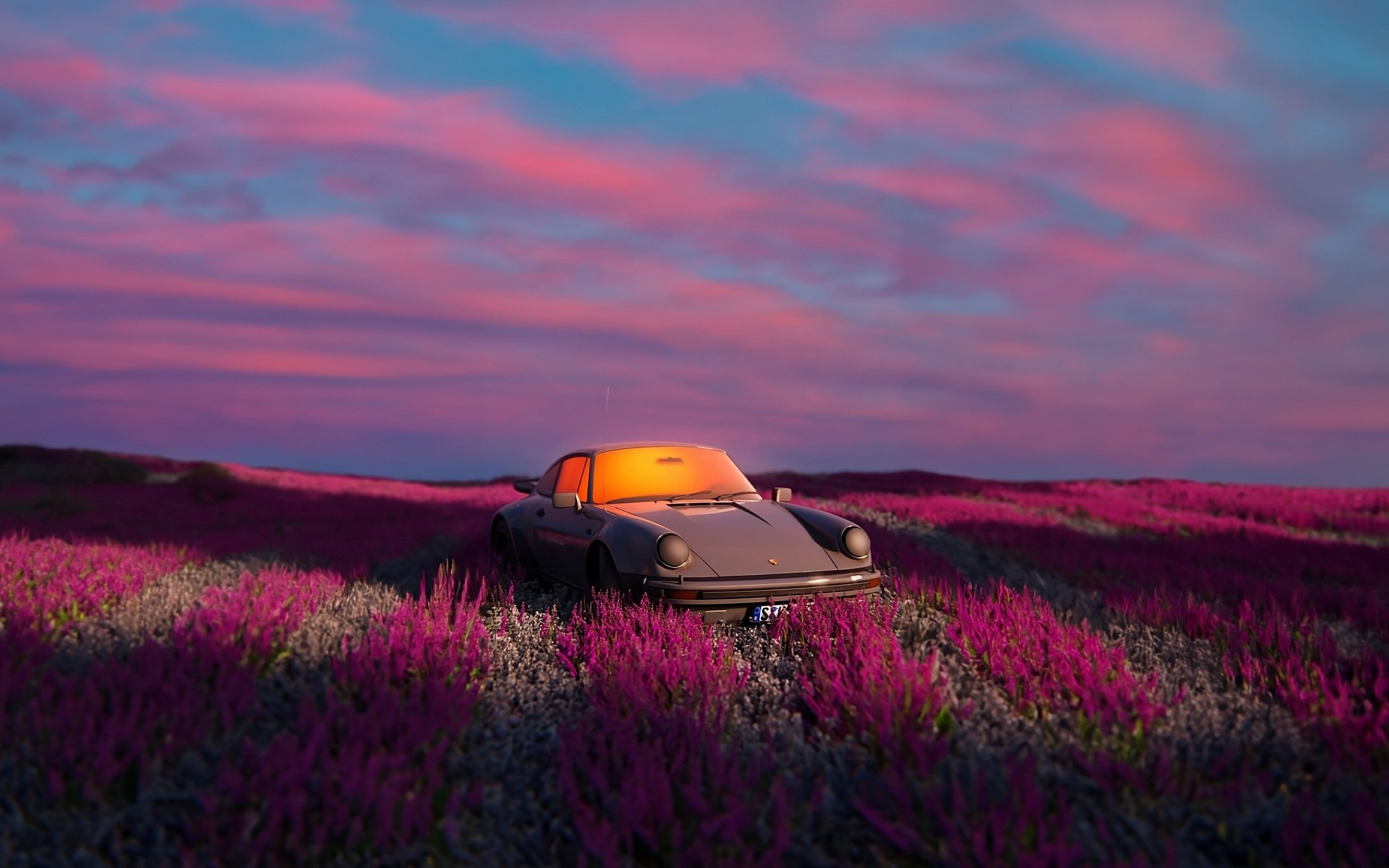 Aesthetic Classic Porsche 911 in Purple Flower Field Wallpaper HD 4K