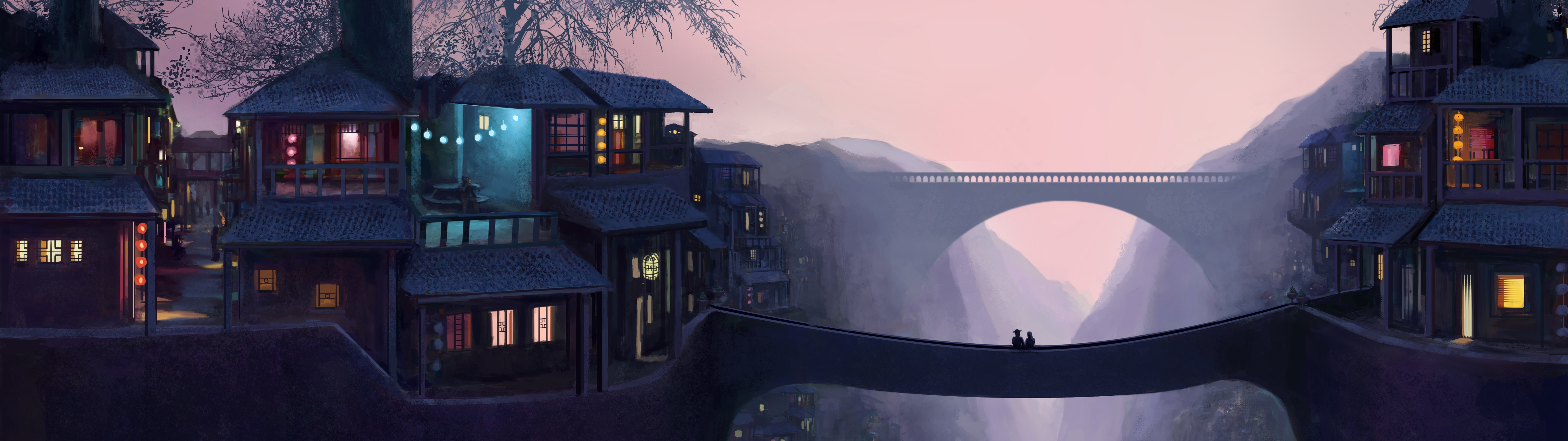 Beautiful Fantasy Mountain Village at Dusk Aesthetic Wallpaper HD 4K