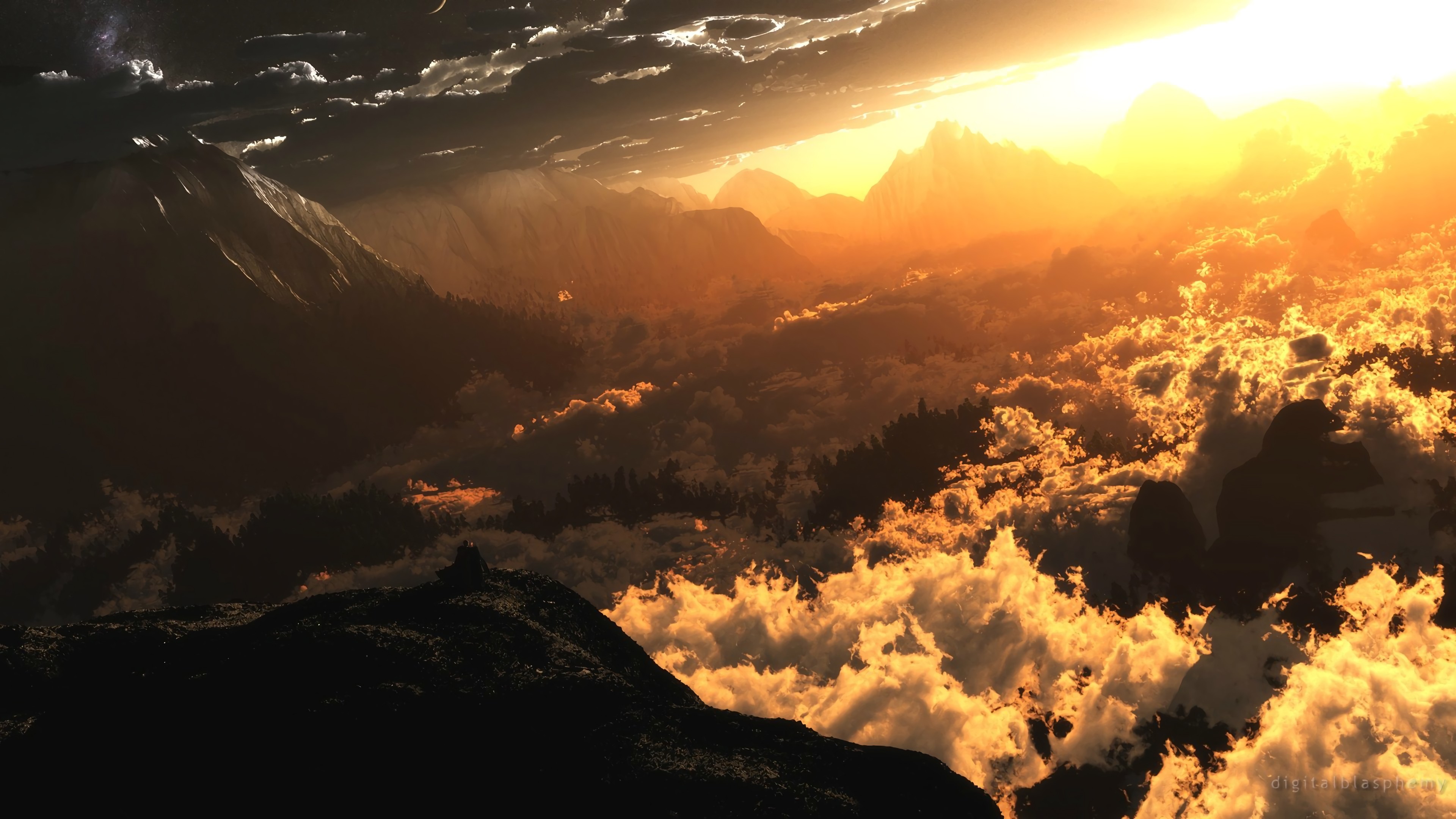 Epic Fantasy Mountain Landscape Wallpaper HD 4K - Aesthetic Cinematic Sunset