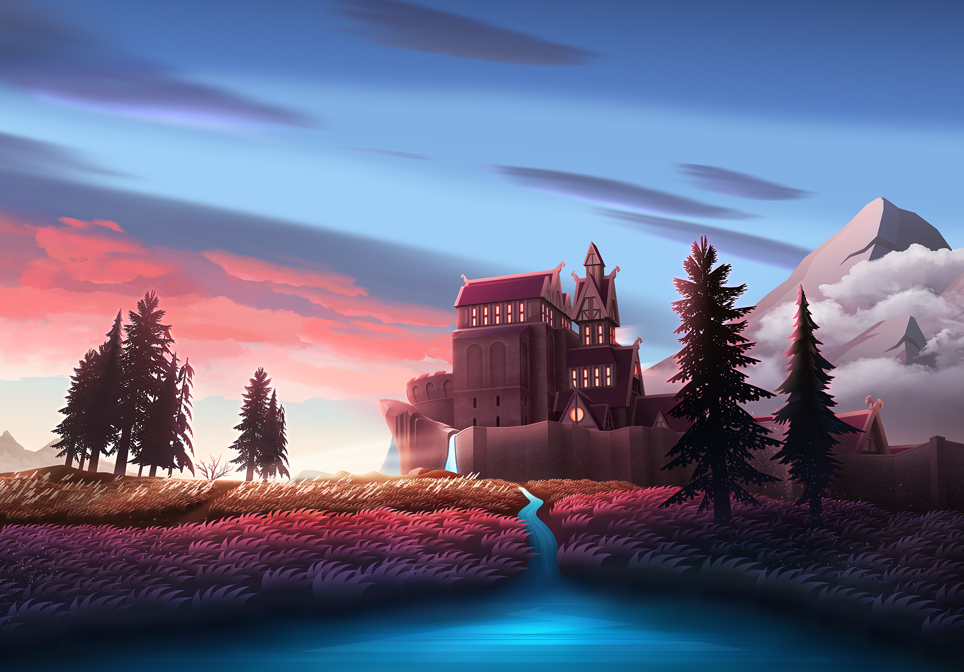 Majestic Fantasy Castle at Sunset Wallpaper HD 4K Aesthetic Landscape