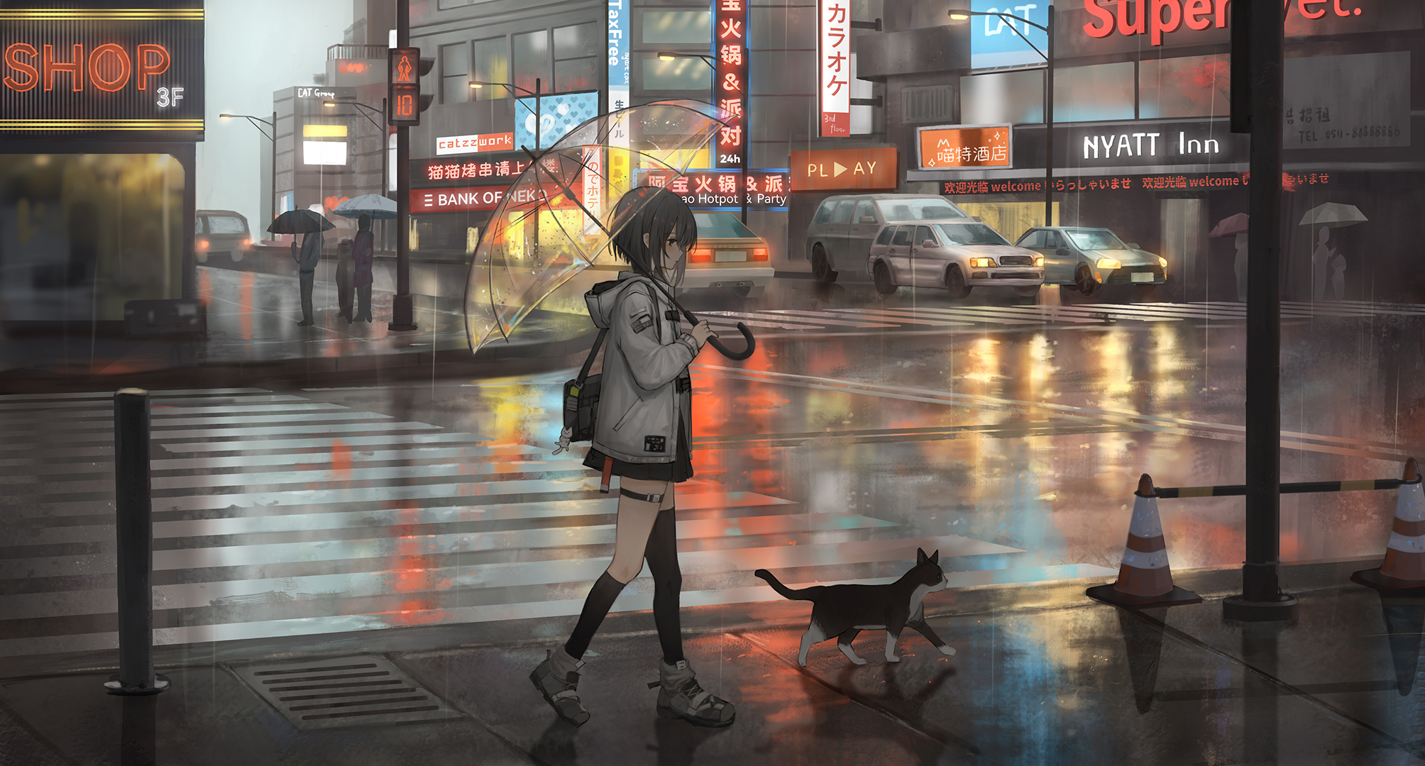Aesthetic Anime Girl in Rain Wallpaper HD 4K - Neon City Night Cat