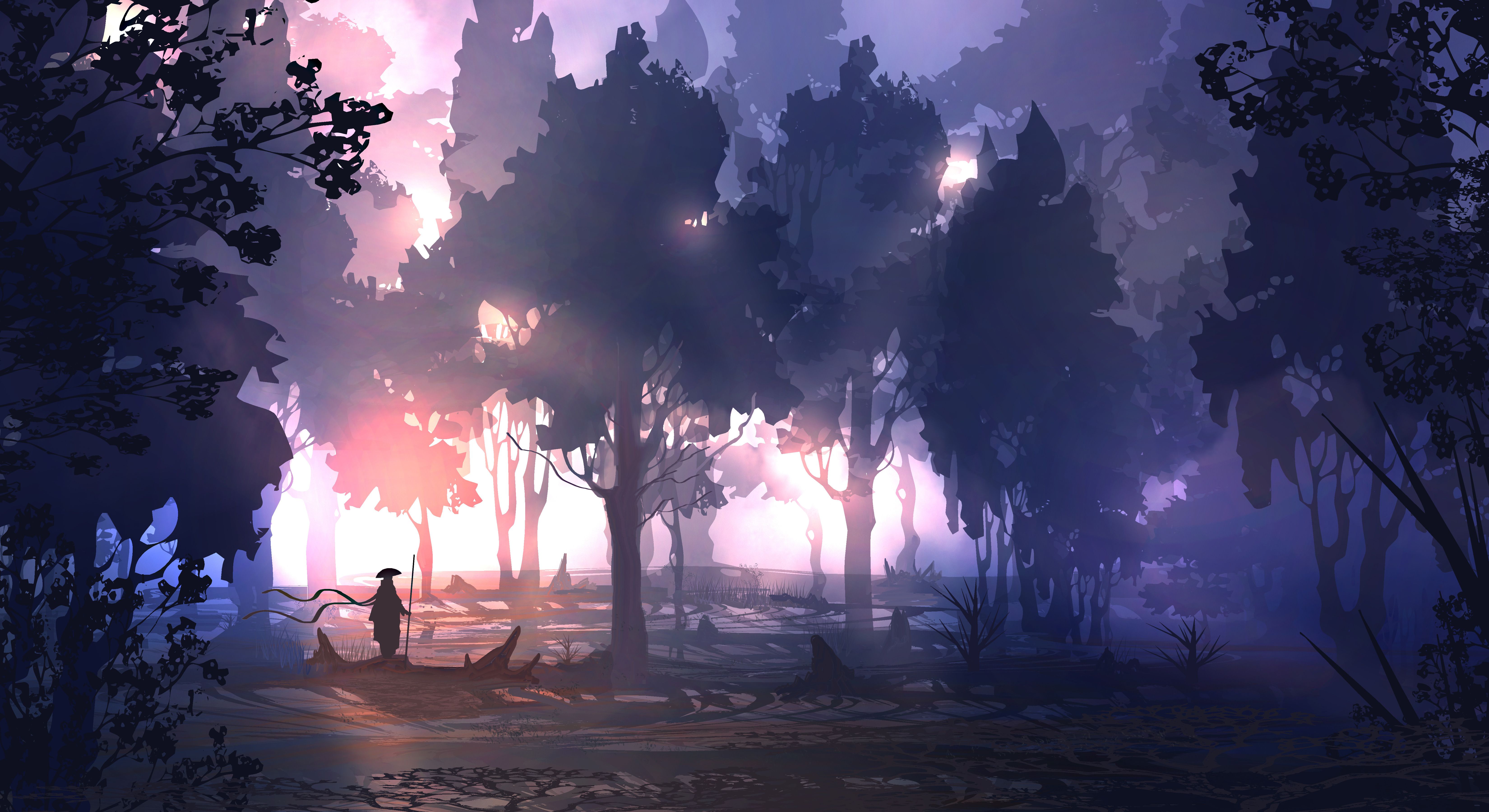 Aesthetic Samurai in Mysterious Purple Forest Wallpaper HD 4K