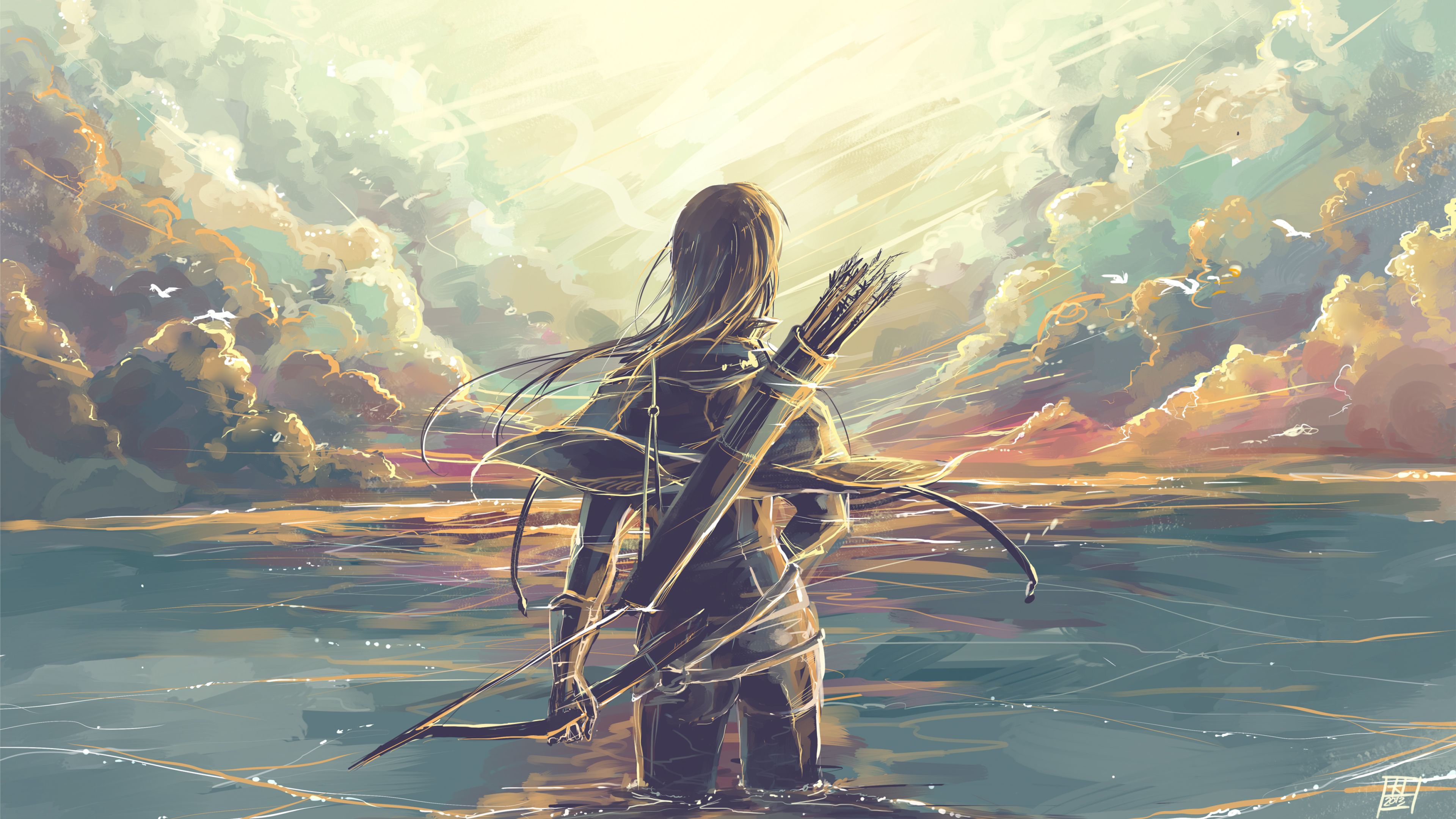 Fantasy Archer Girl Sunset Wallpaper HD 4K - Aesthetic Digital Art