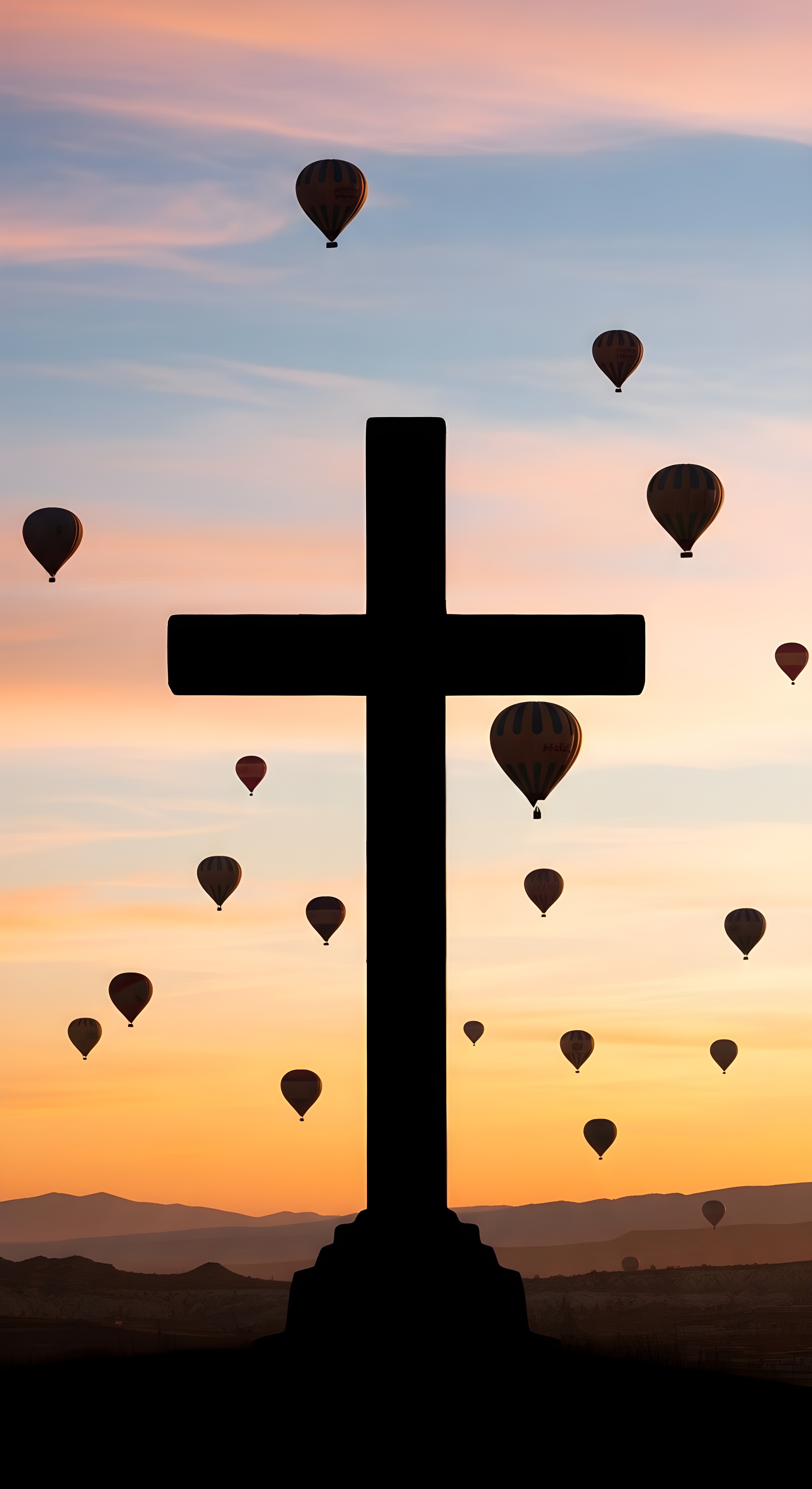 Spiritual Cross Silhouette with Hot Air Balloons Wallpaper HD 4K Aesthetic