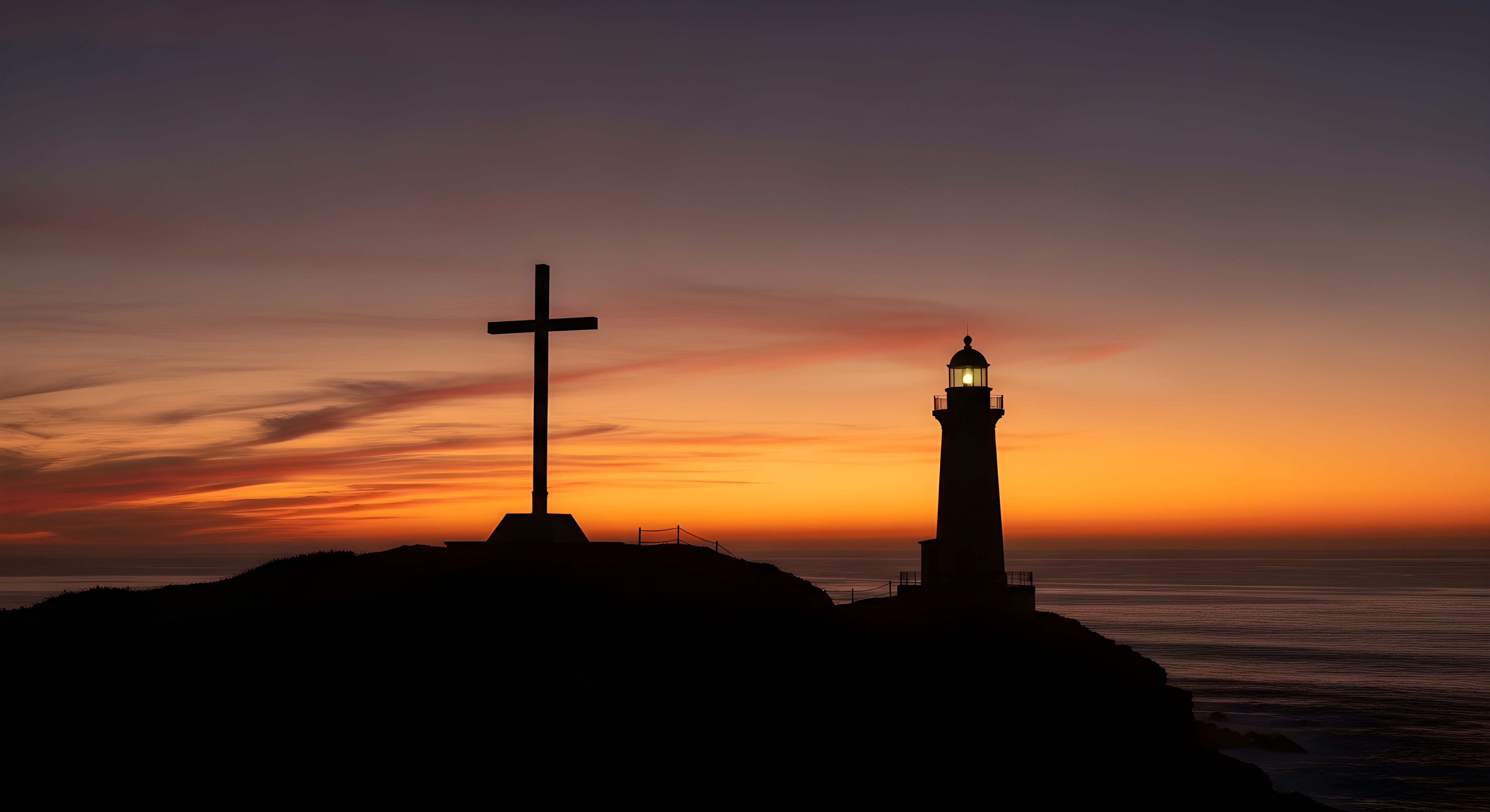 Cross and Lighthouse Sunset Silhouette Wallpaper HD 4K Aesthetic