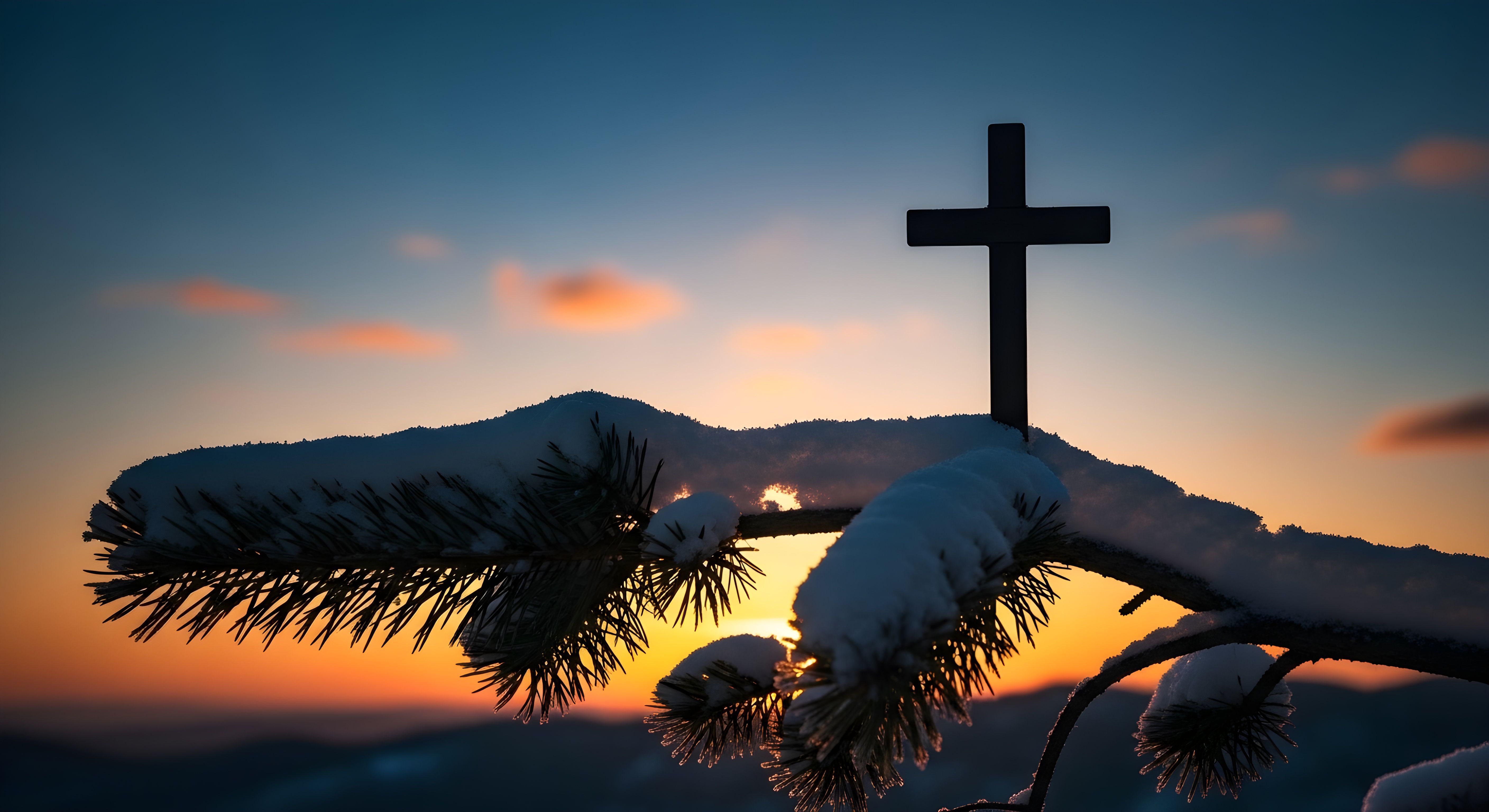 Christian Cross Sunset Wallpaper HD 4K - Aesthetic Winter Faith Background