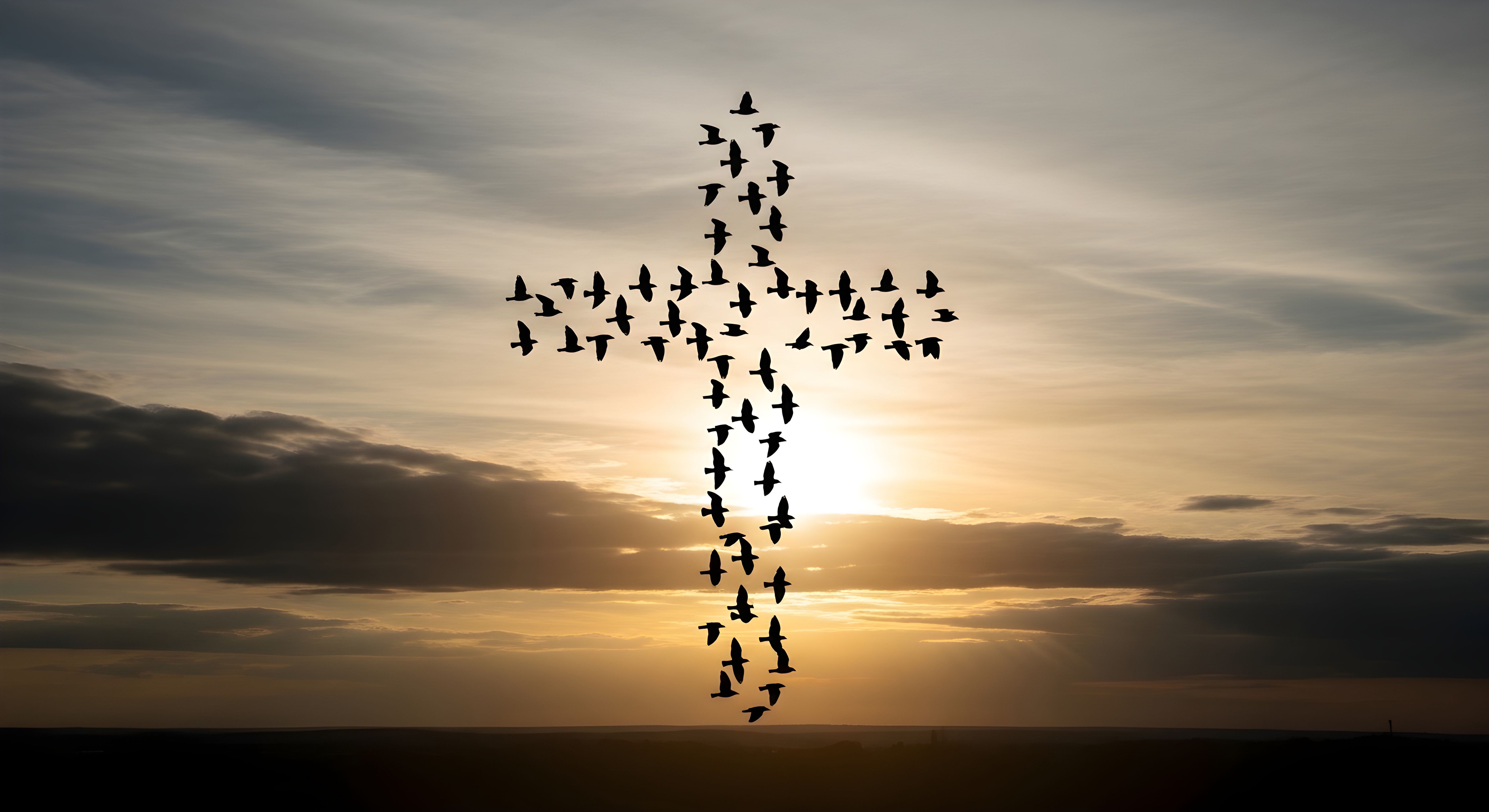 Cross of Birds Sunset Wallpaper HD 4K Aesthetic Spiritual Sky Background