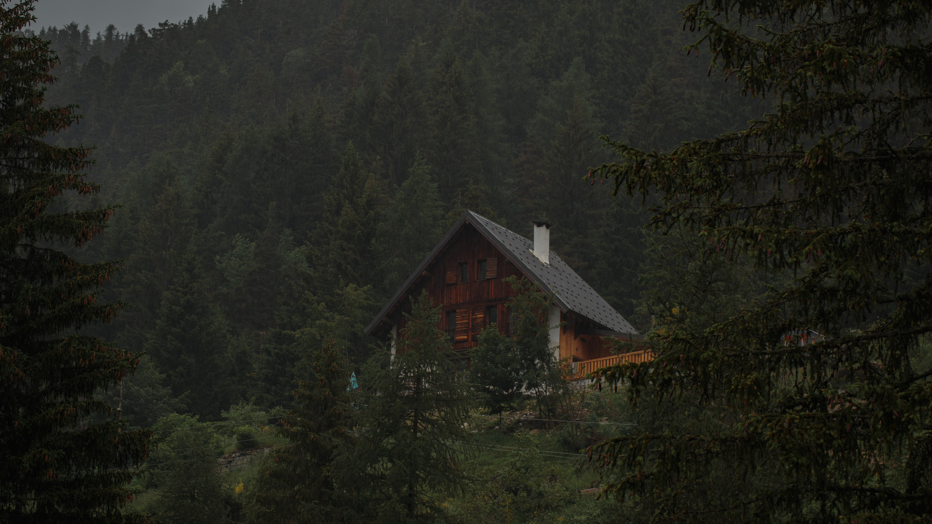 Misty Forest Cabin Wallpaper HD 4K - Aesthetic Moody Nature Background