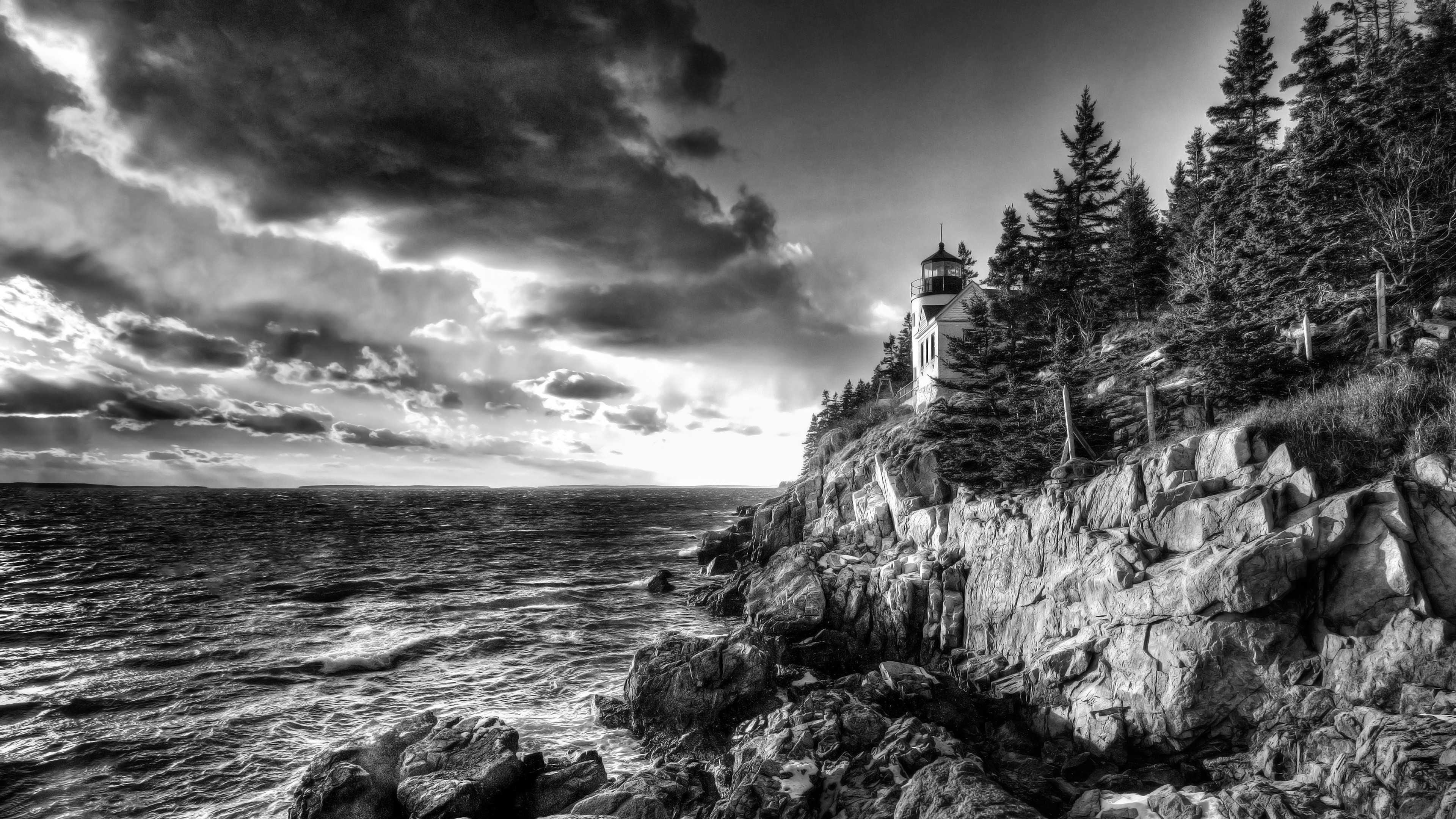 Dramatic Black and White Lighthouse Wallpaper HD 4K Aesthetic Nature