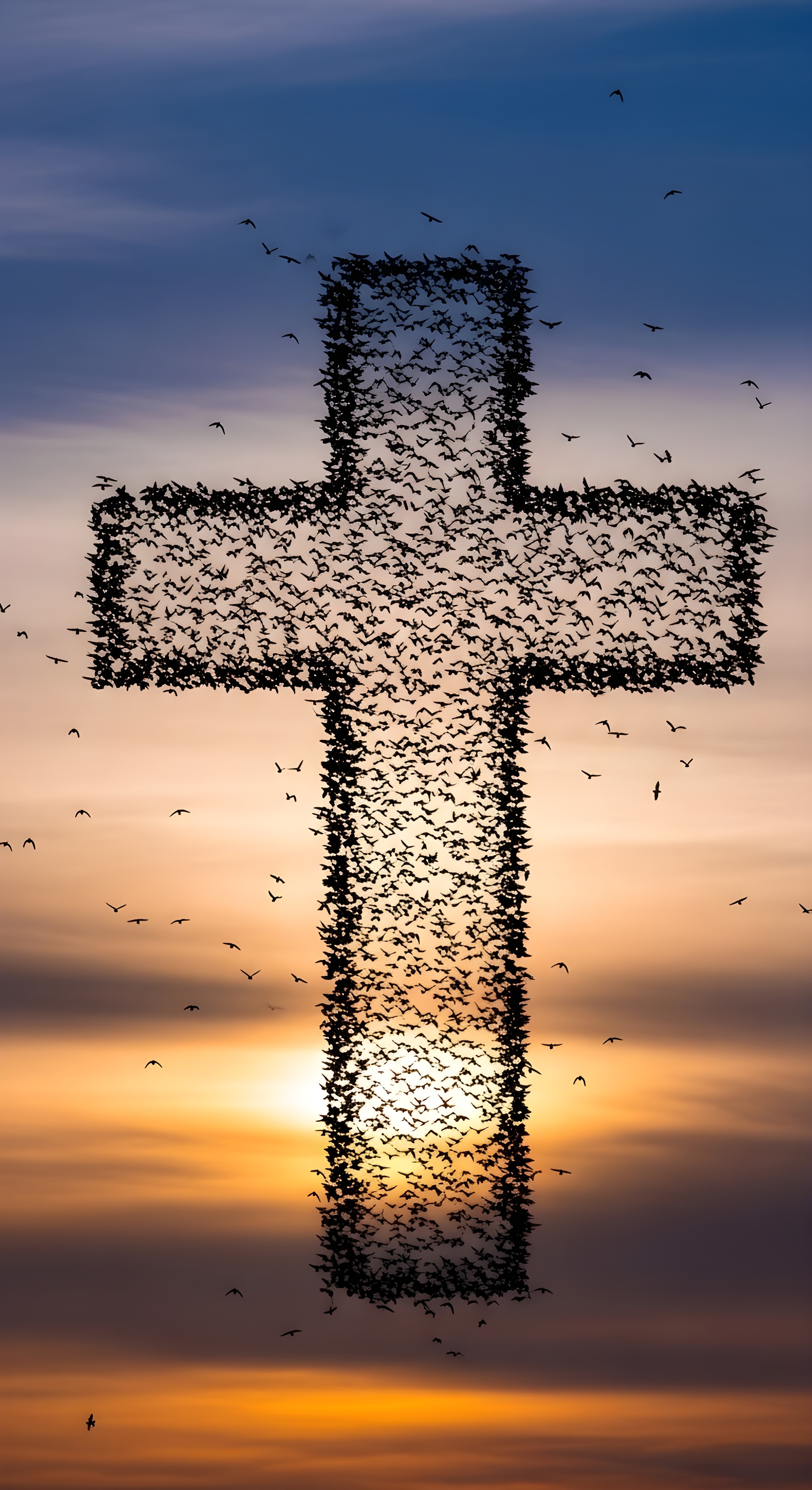 Cross Bird Murmuration Sunset Wallpaper HD 4K Aesthetic Spiritual