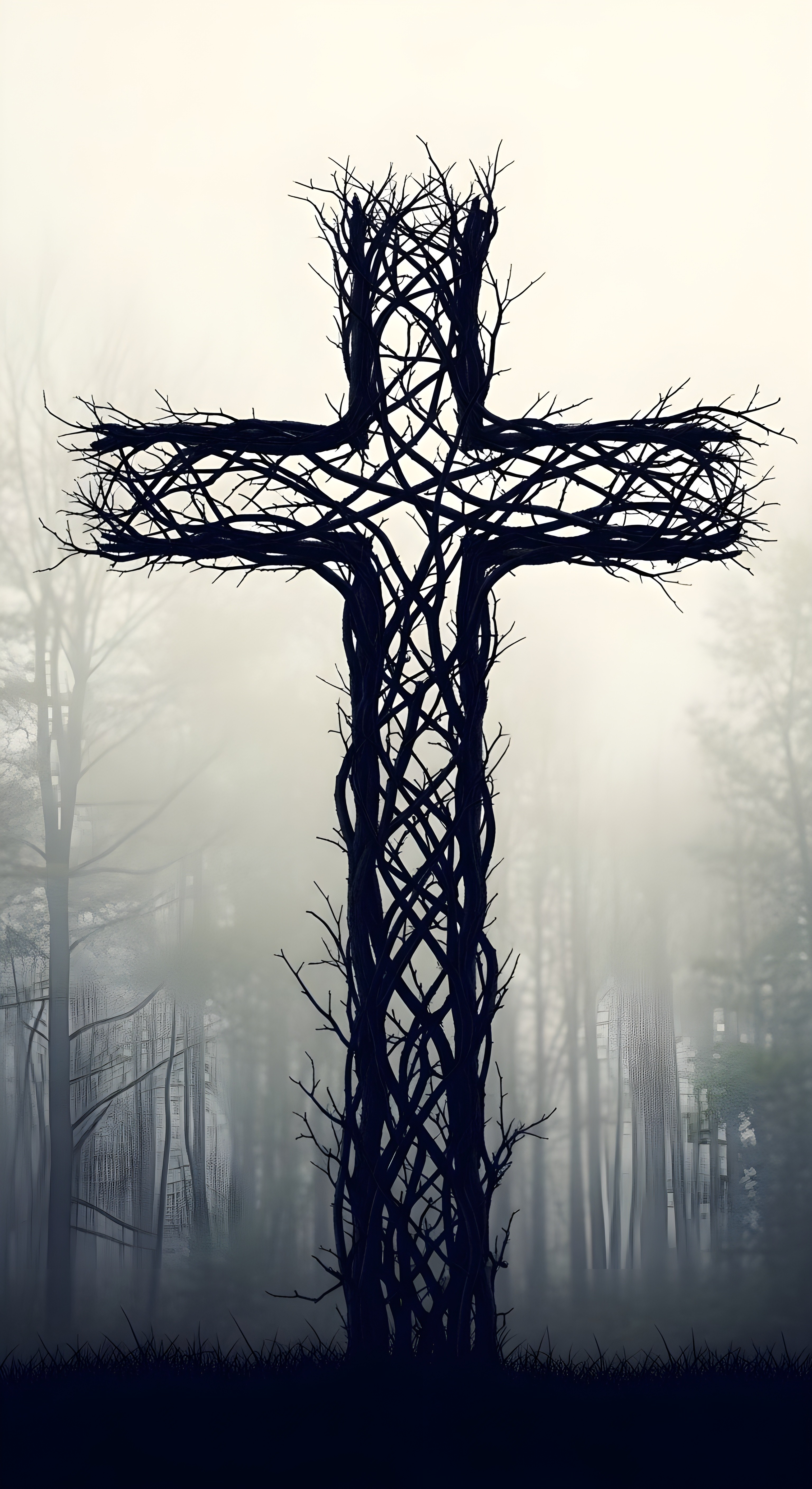 Dark Gothic Cross in Misty Forest Wallpaper HD 4K Aesthetic