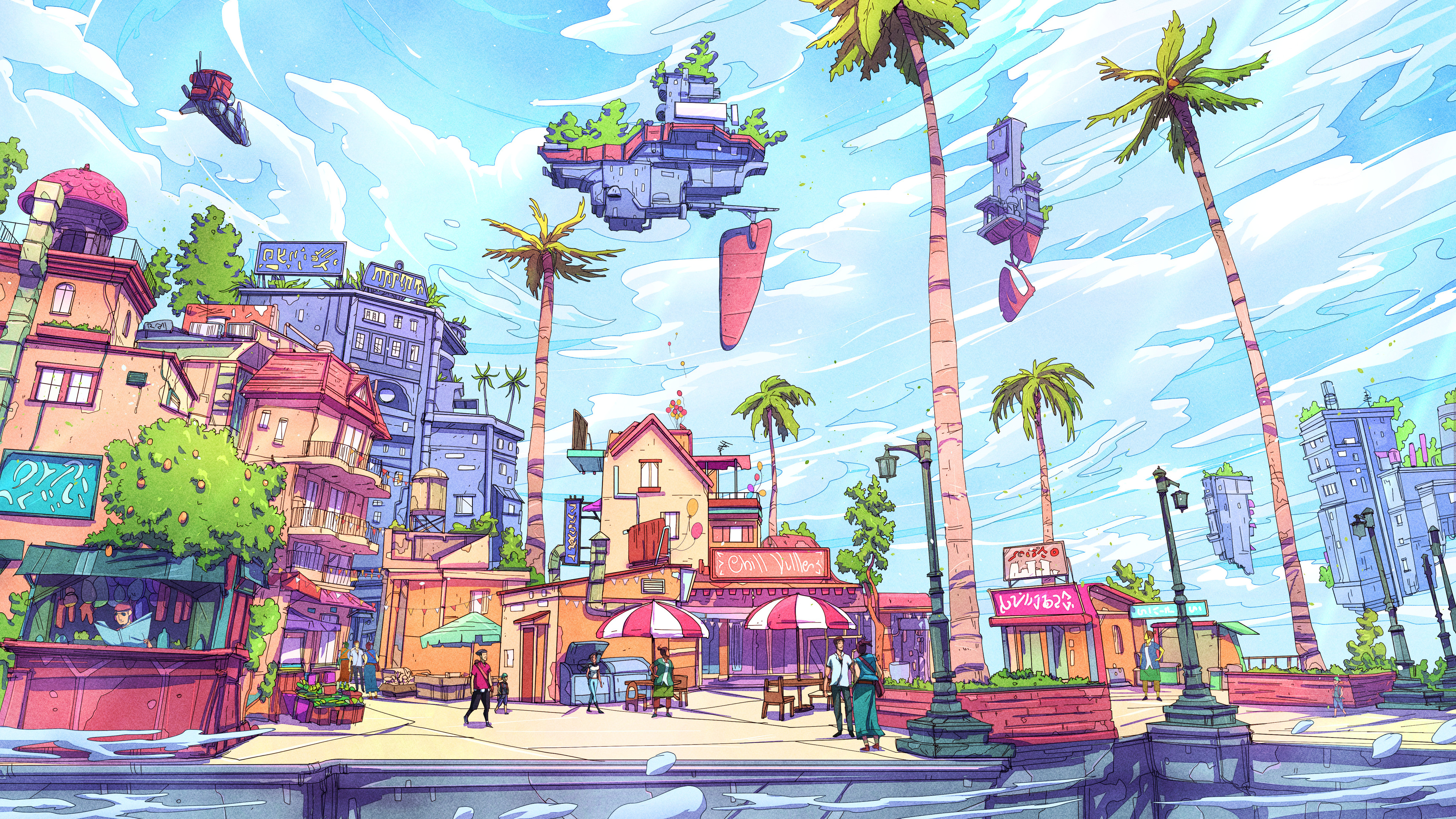Aesthetic Futuristic Tropical City Anime Wallpaper HD 4K Cool Art