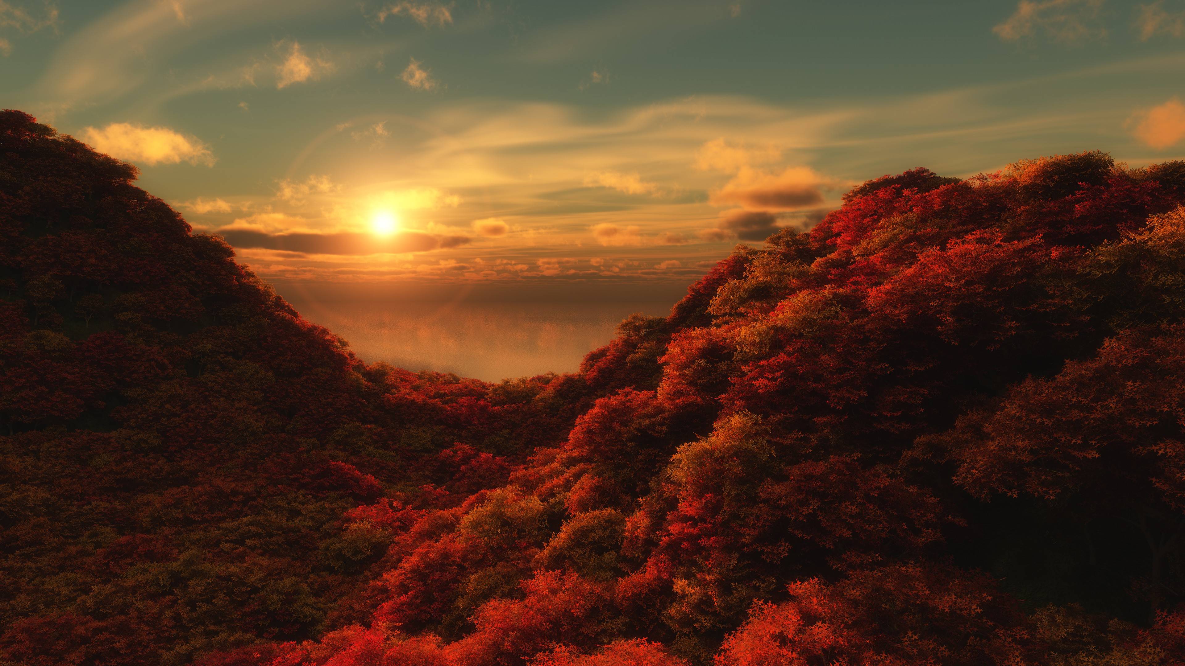 Autumn Sunset Valley Wallpaper 4K - Aesthetic Red Forest Landscape HD