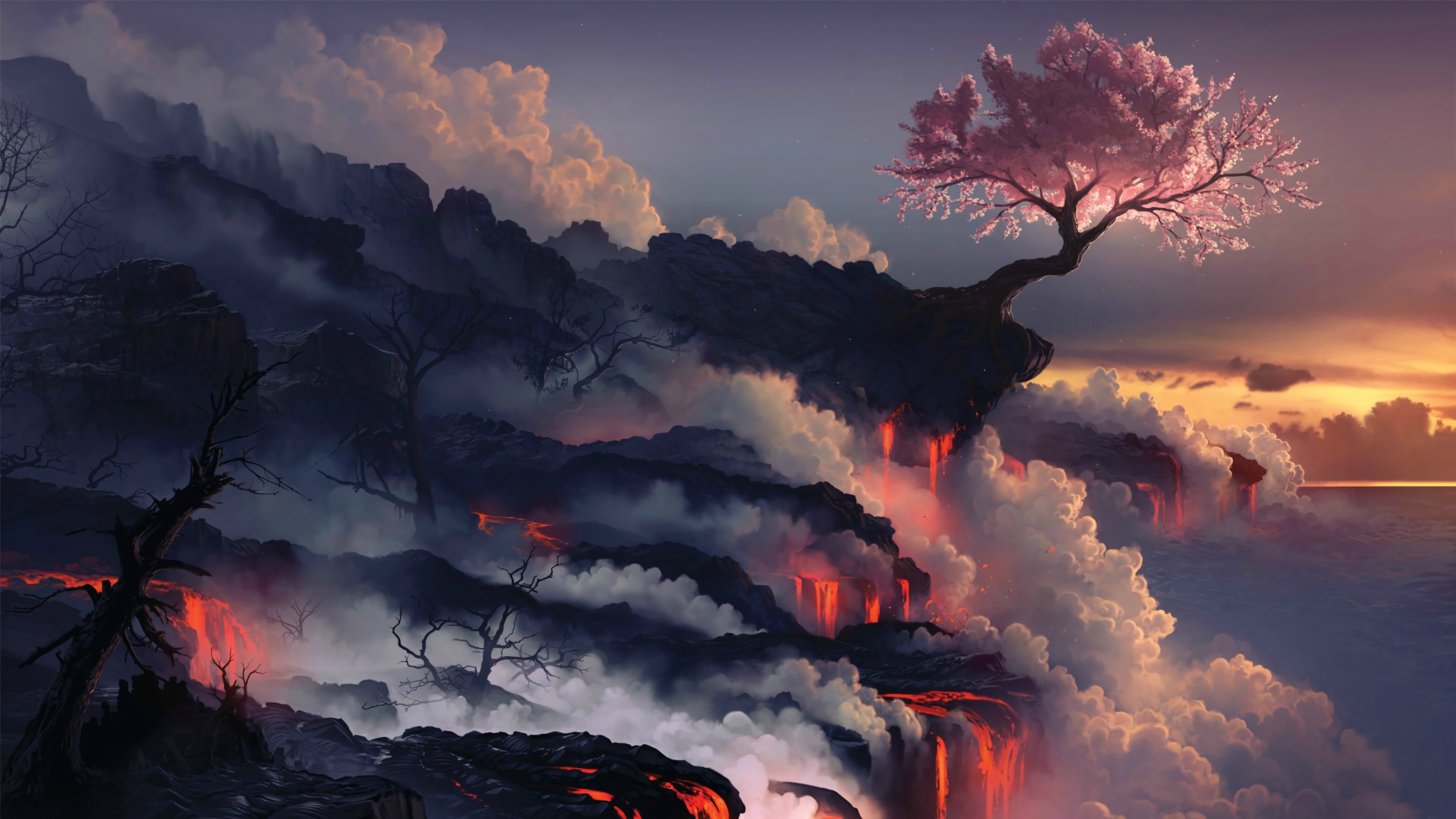 Aesthetic Cherry Blossom Tree Over Lava Falls 4K Wallpaper HD