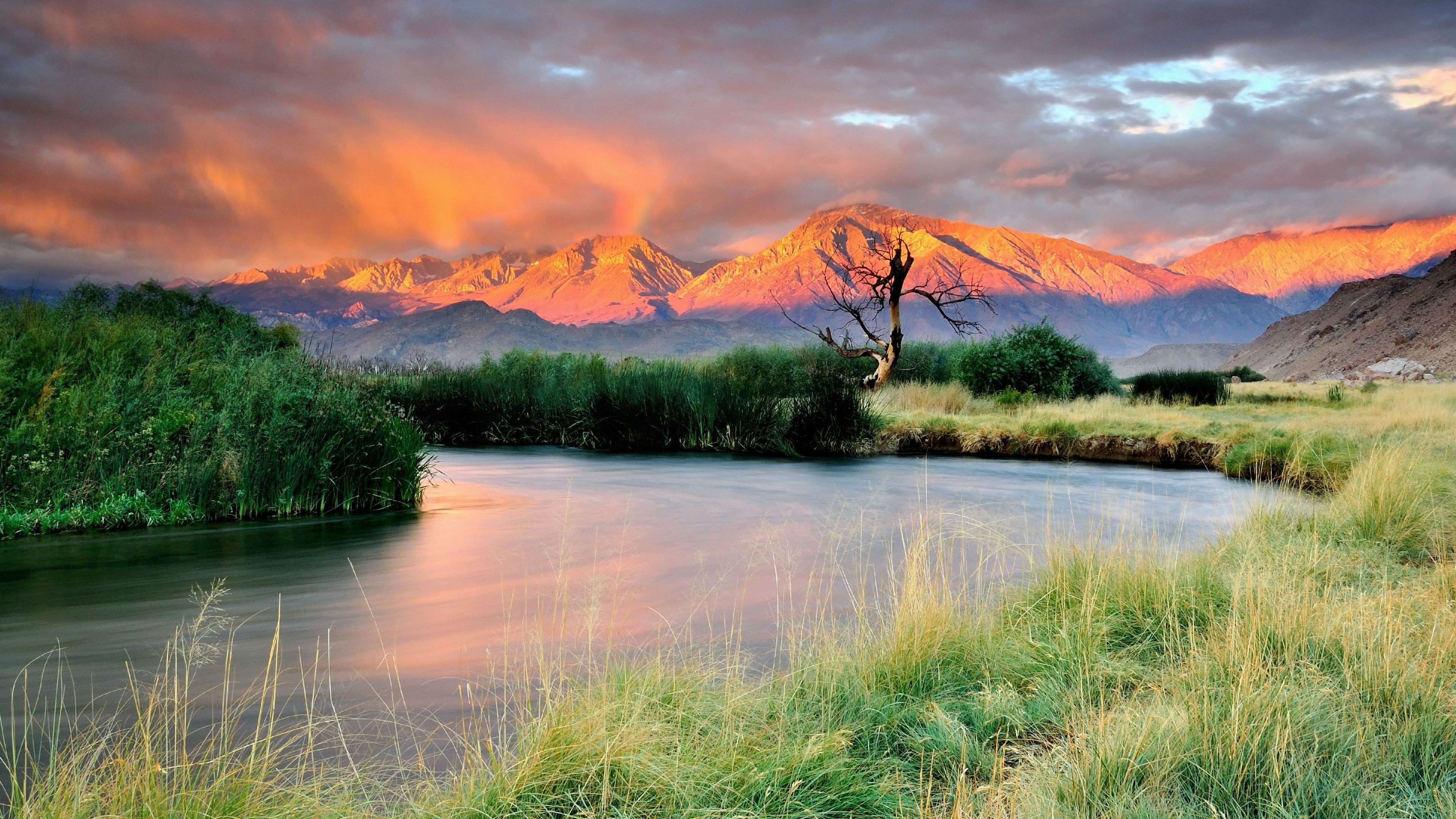 Sunset Mountain River Landscape Wallpaper HD 4K Aesthetic Nature Background