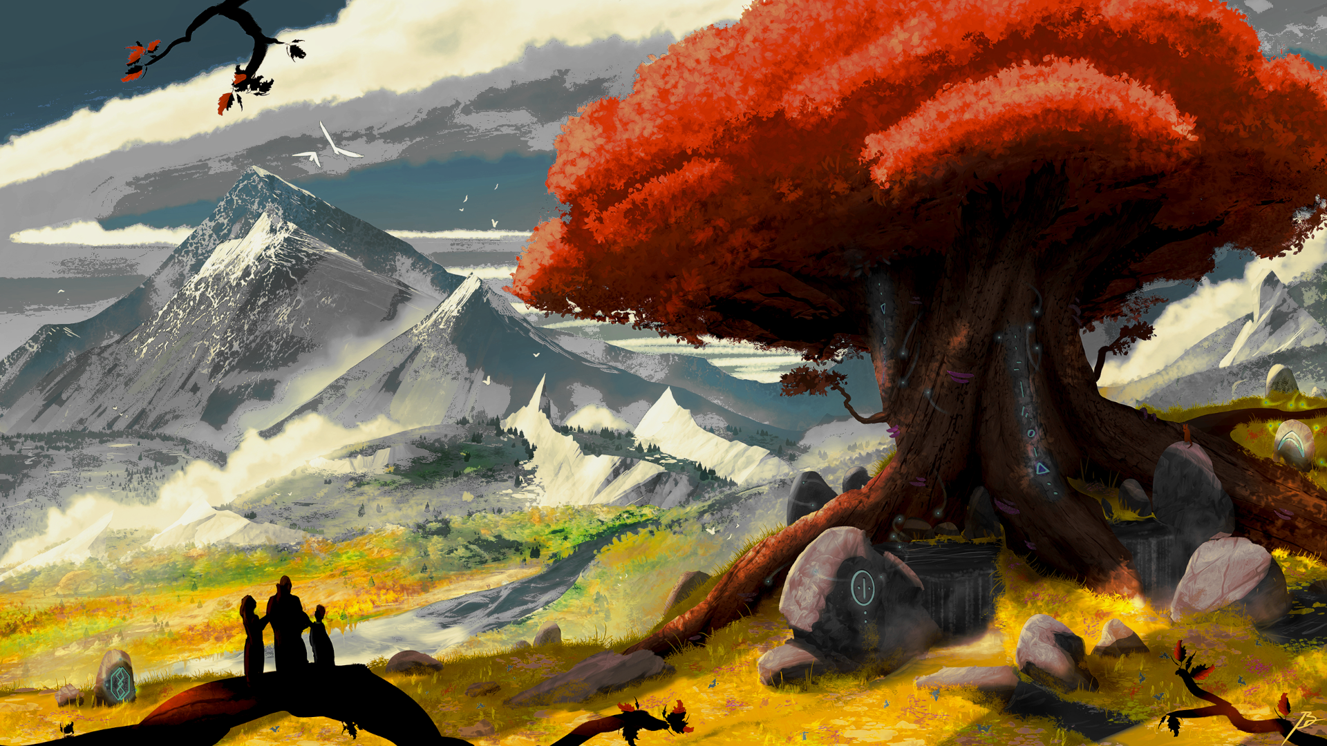 Fantasy Landscape with Giant Red Tree Wallpaper HD 4K Aesthetic