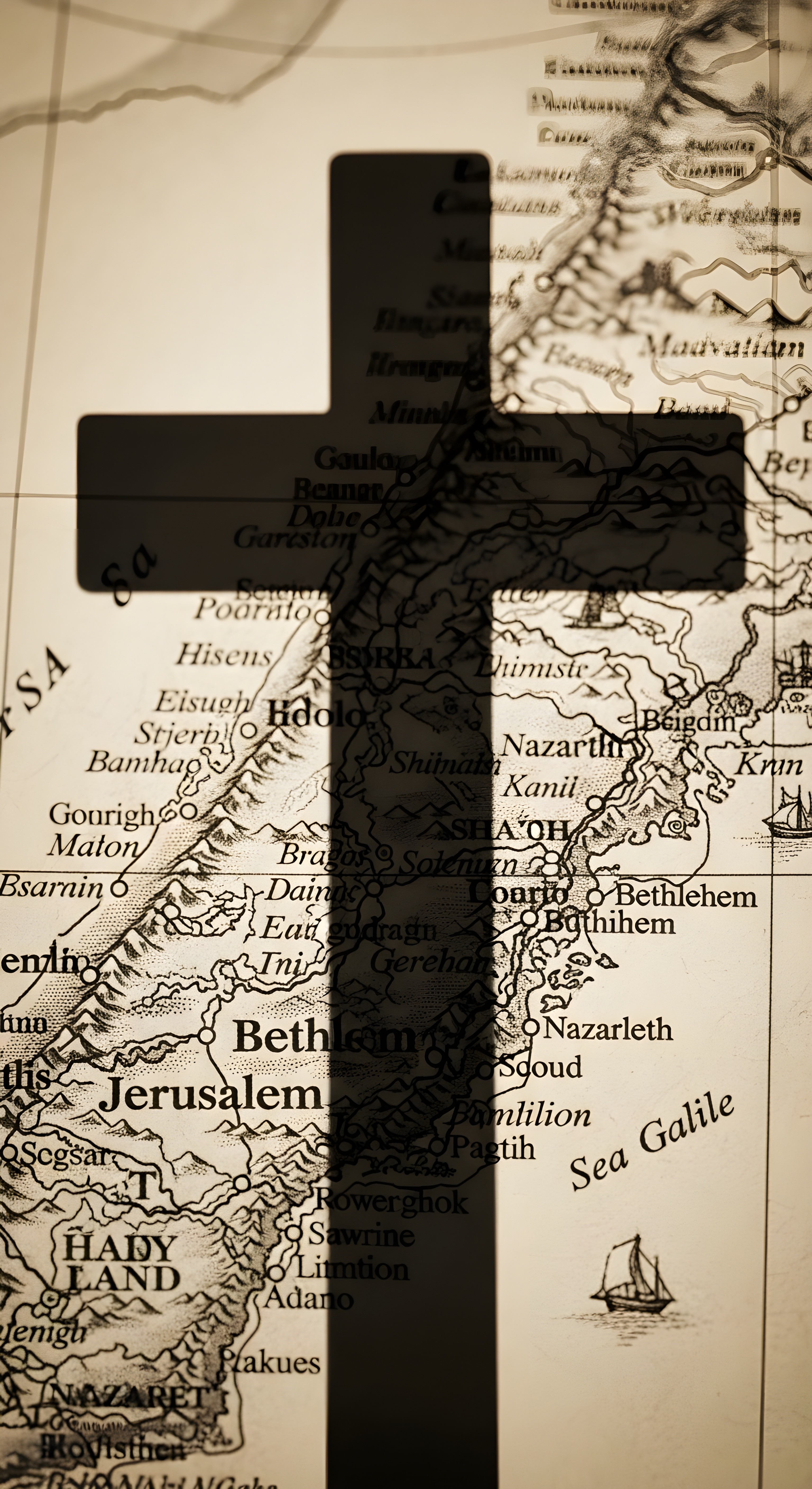 Vintage Holy Land Map with Cross Shadow Wallpaper 4K Aesthetic
