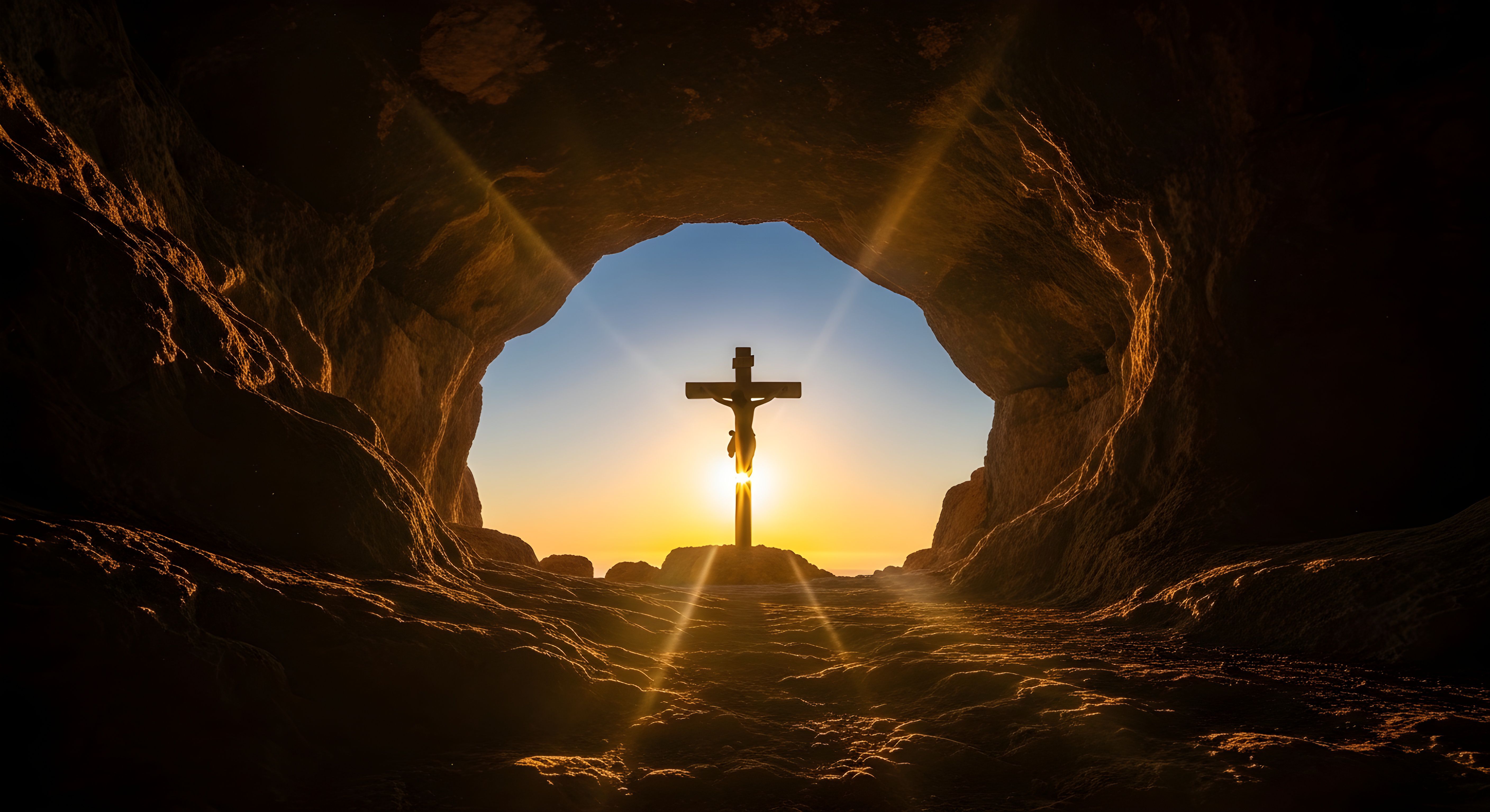 Christian Jesus Cross Cave Sunrise Wallpaper HD 4K Aesthetic Background
