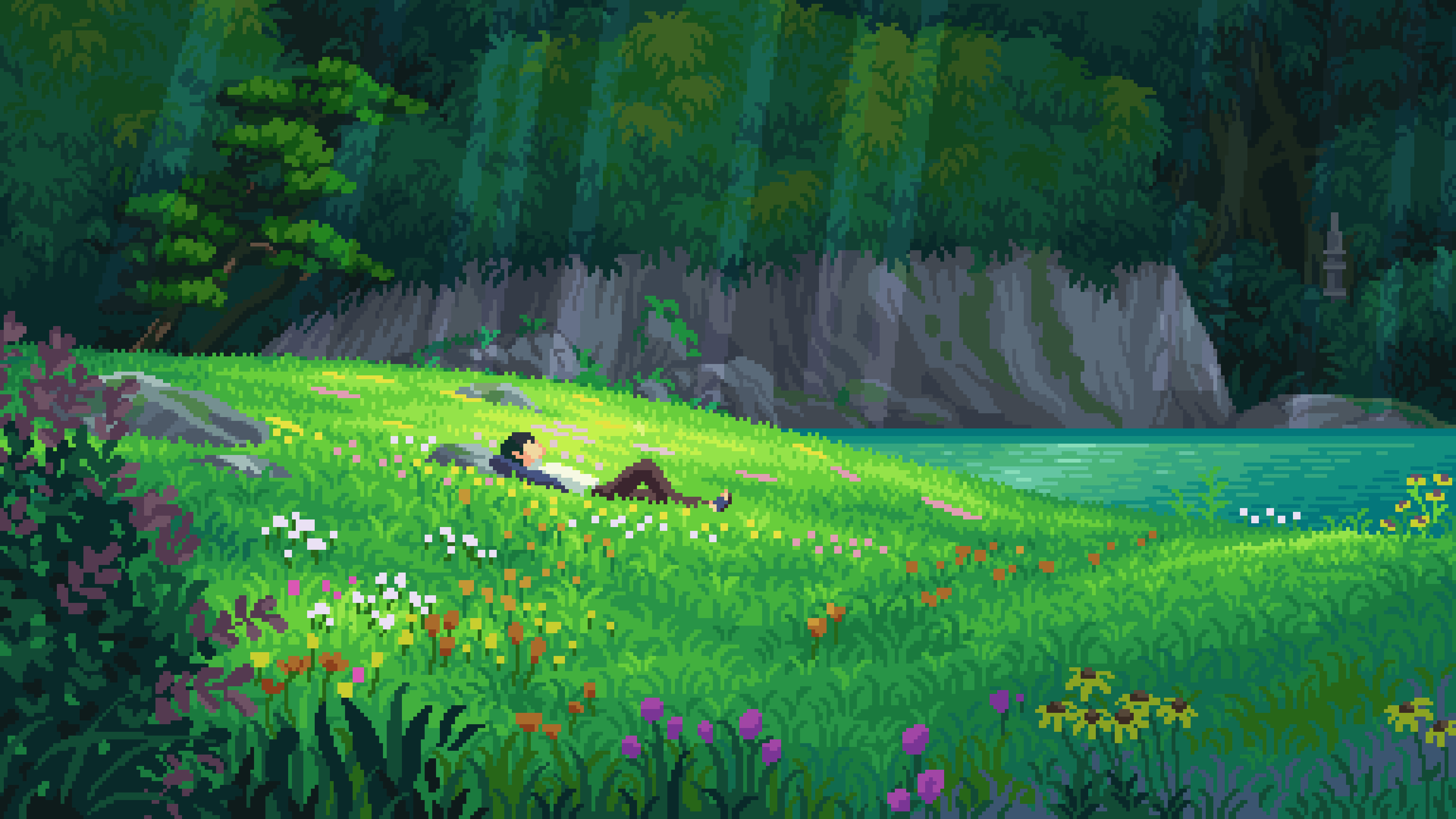 Aesthetic Pixel Art Nature Wallpaper HD 4K - Peaceful Meadow Landscape